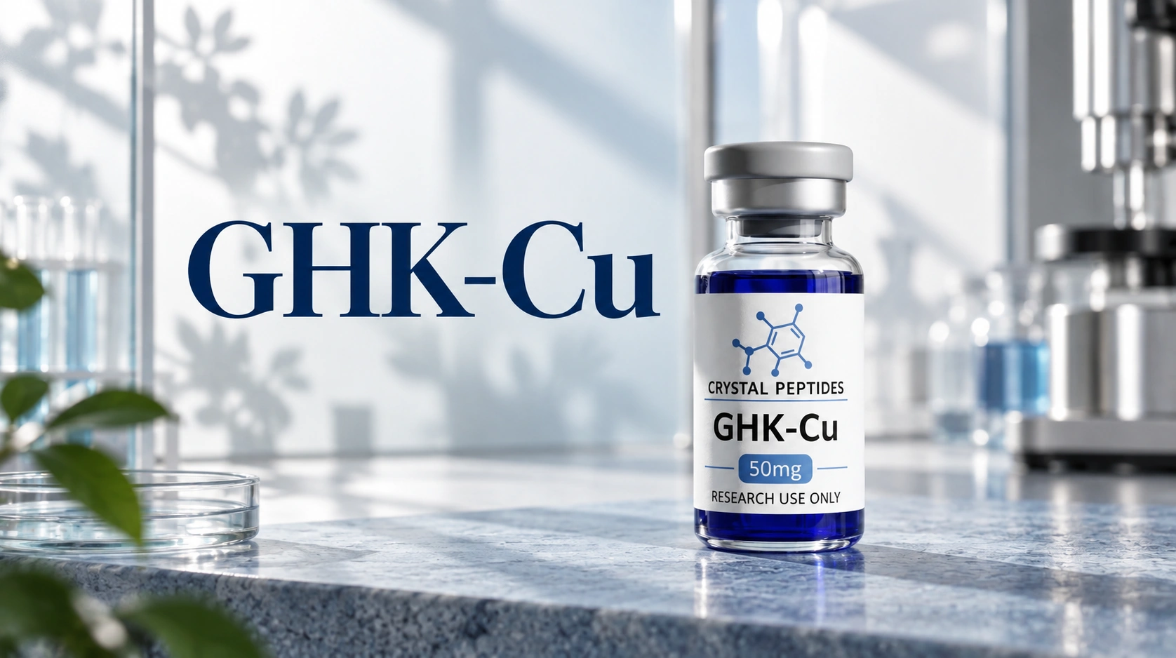Istraživačka bočica GHK-Cu pored ugrađenog naslova GHK-Cu u svijetlom laboratorijskom interijeru.
