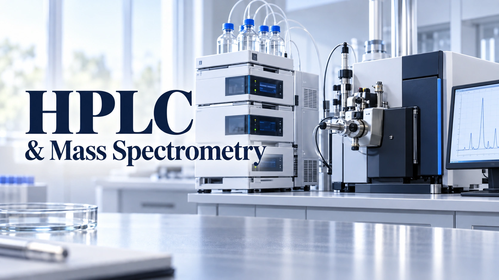 Instrumenti za HPLC i masenu spektrometriju uz ugrađen naslov HPLC i masena spektrometrija u svijetlom laboratoriju.
