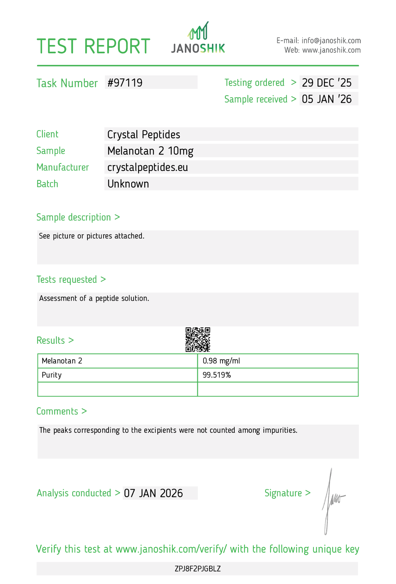 MT-2 (10mg/10ml) Purity & Identity Laboratorijska analiza